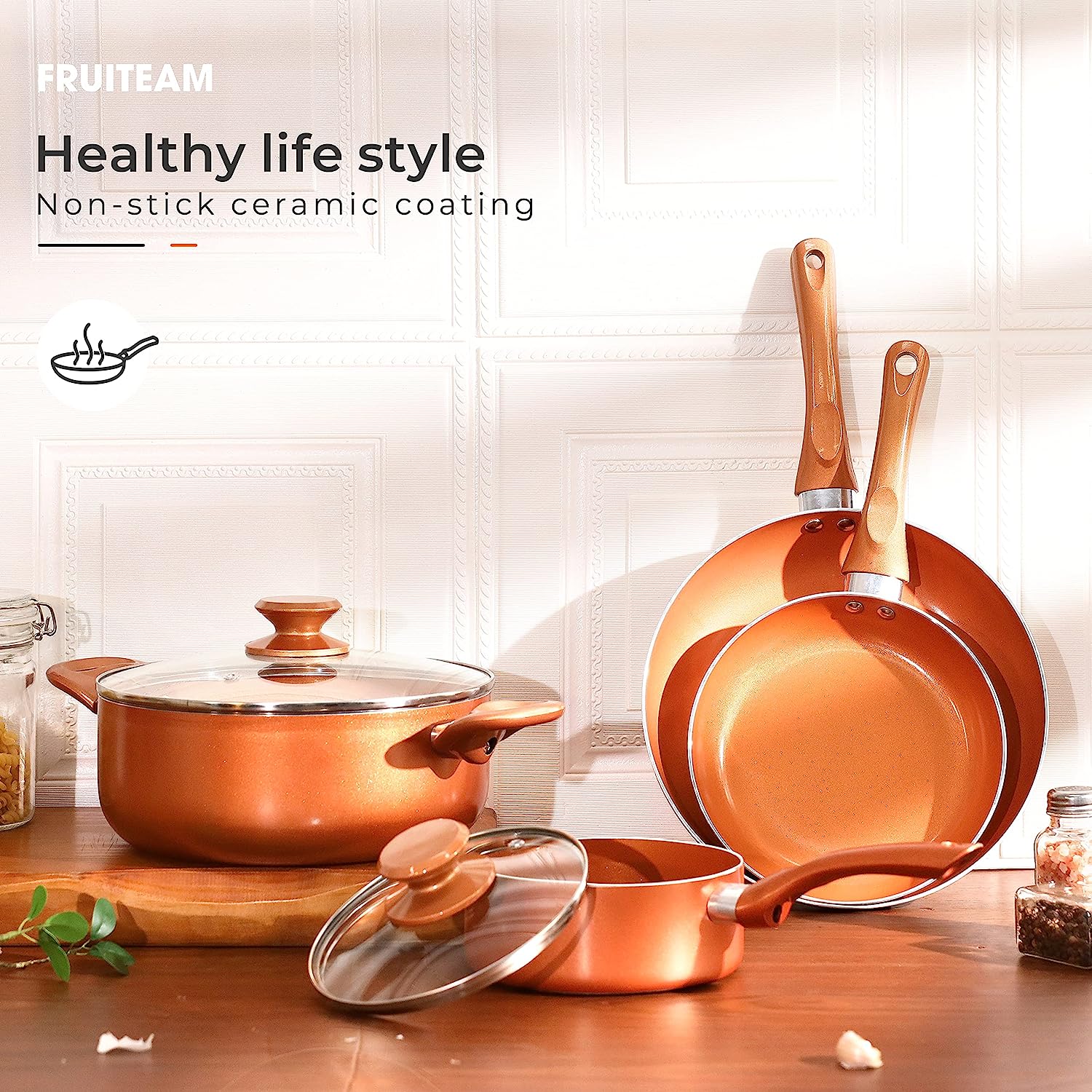 FRUITEAM 6-piece Nonstick Kitchen Cookware Set, Ceramic Coating Cooking Pot and Pans Set, Stock Pot/Milk Pot/Frying Pans Set, Copper Aluminum Pan with Lid, Induction/Gas Kitchenware Set FRUITEAM 6-piece Nonstick Kitchen Cookware Set, Ceramic Coating Cooking Pot and Pans Set, Stock Pot/Milk Pot/Frying Pans Set, Copper Aluminum Pan with Lid, Induction/Gas Kitchenware Set