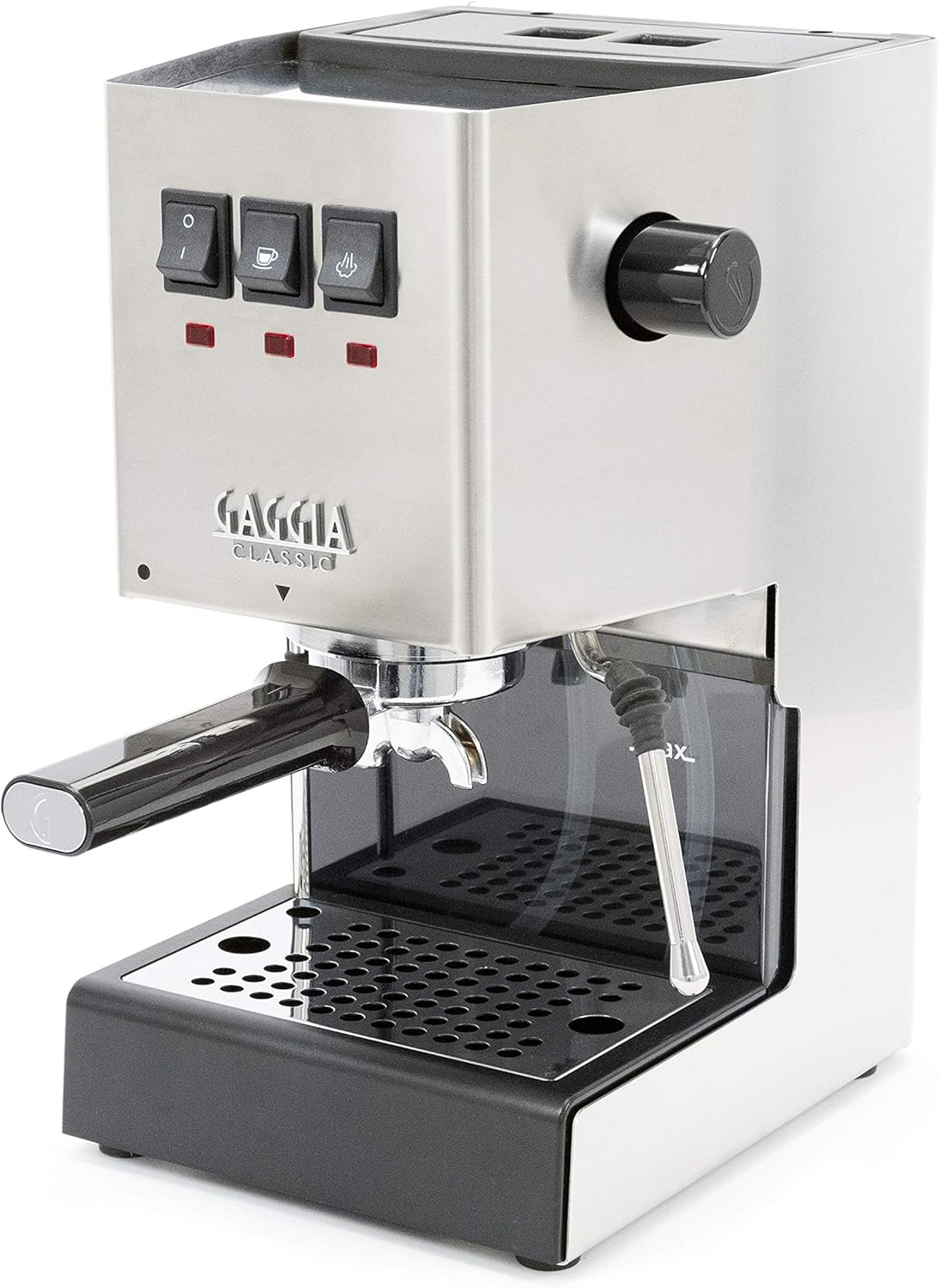 Gaggia Classic Evo Pro espresso machine in brushed stainless steel on a kitchen counter