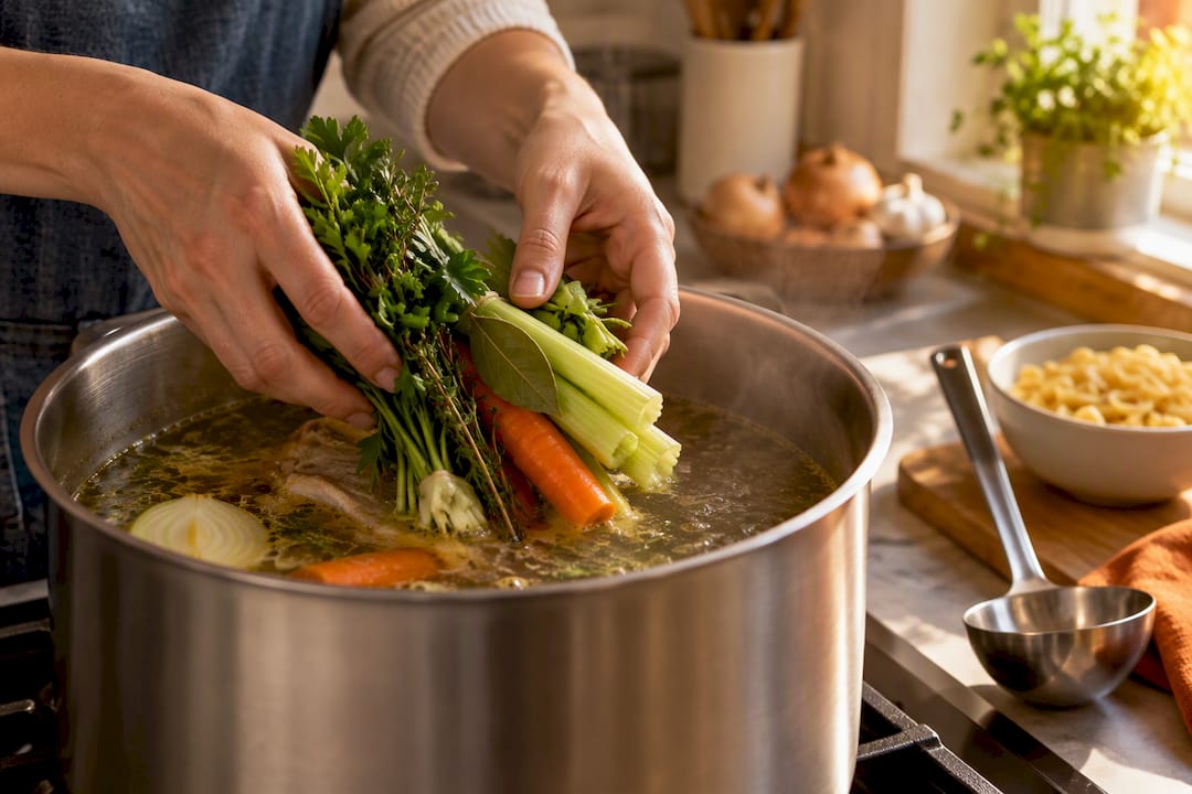 Hands preparing a large batch of simmering broth