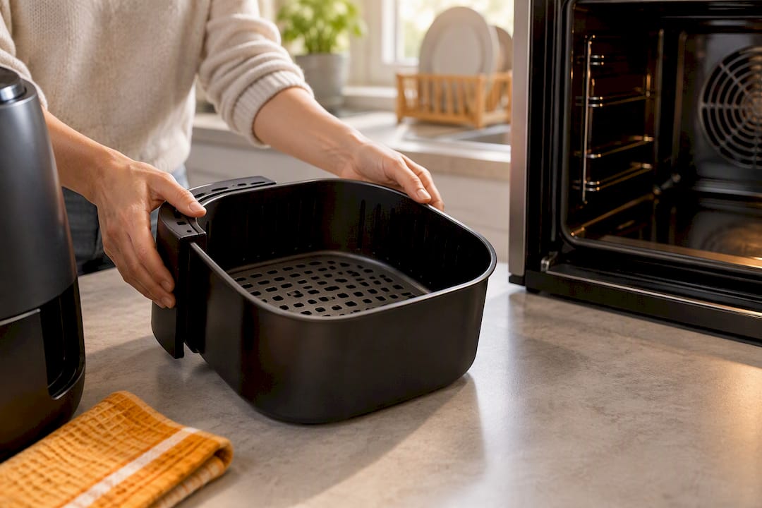 Removable cooking basket beside oven cavity