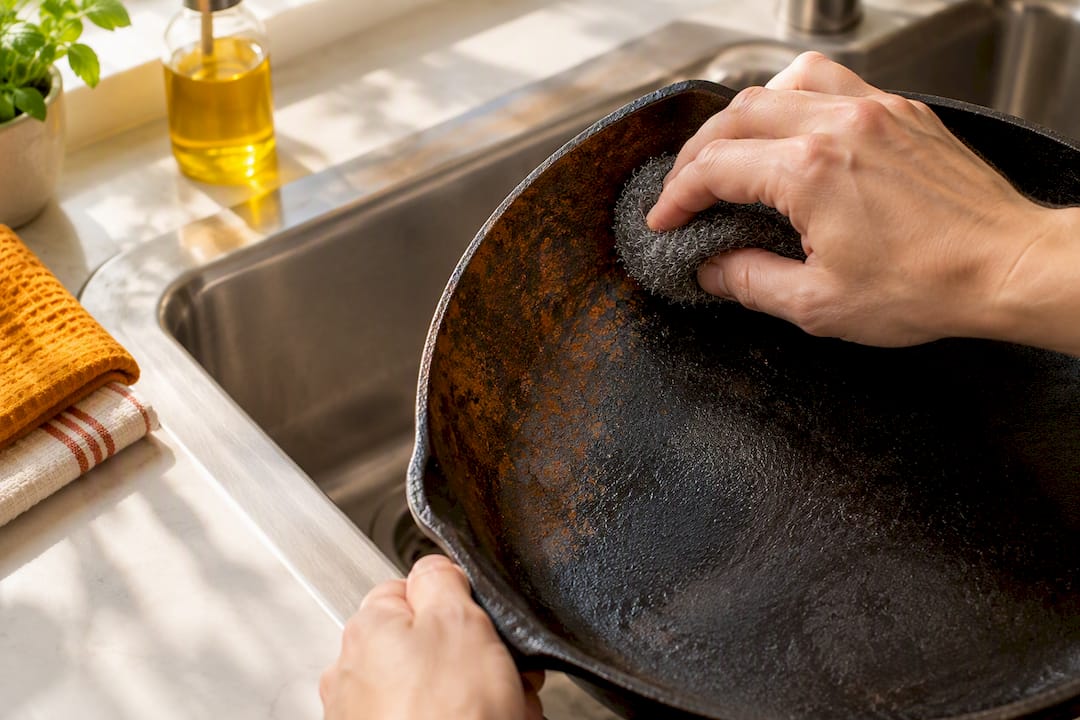 Hands scrubbing rust from iron cookware