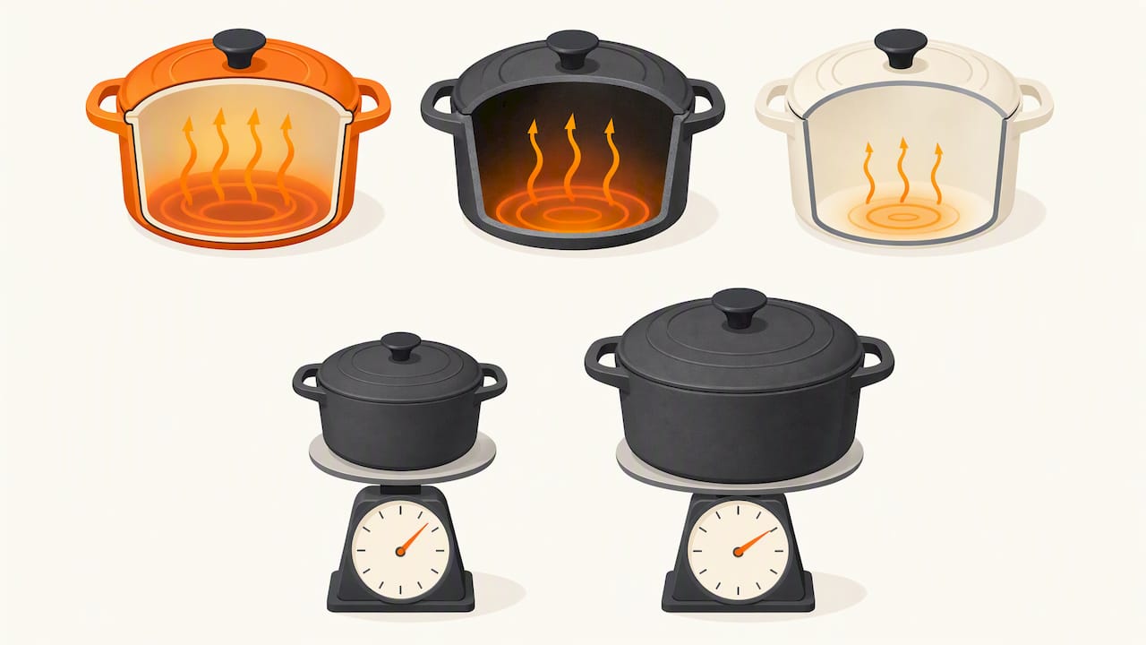 Illustration comparing cookware heat and weight