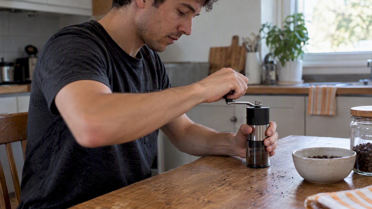 Home brewer using manual coffee grinder