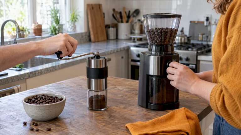 A person hand-grinding coffee beans next to an electric burr grinder on a kitchen counter