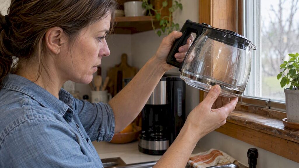 Hands inspecting cracked coffee carafe