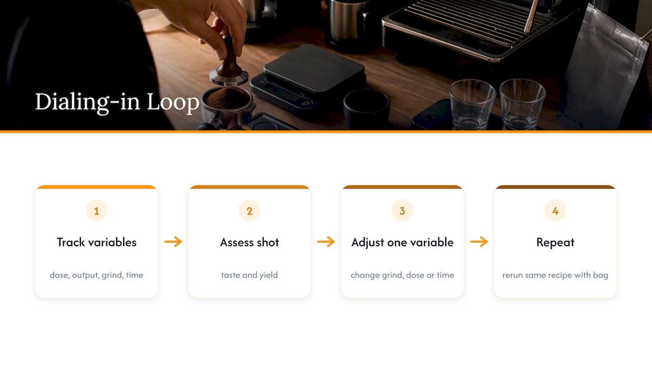 Espresso dialing-in variables in an adjustment loop