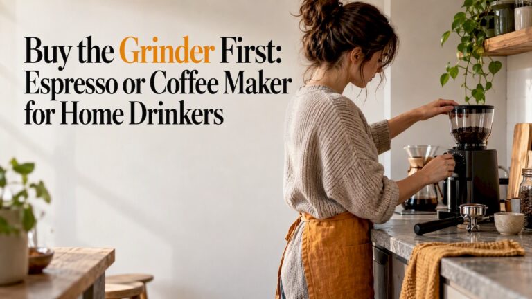Burr grinder beside home espresso and drip coffee brewing equipment