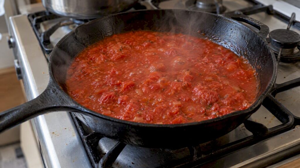 Tomato sauce simmering in a bare cast-iron skillet