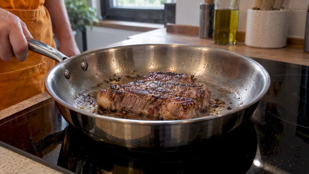 Steak searing in a stainless clad frying pan