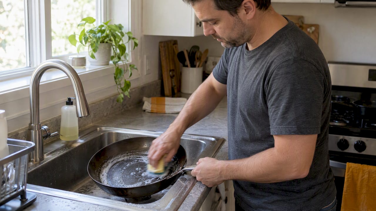 Cook scrubbing a new carbon steel pan