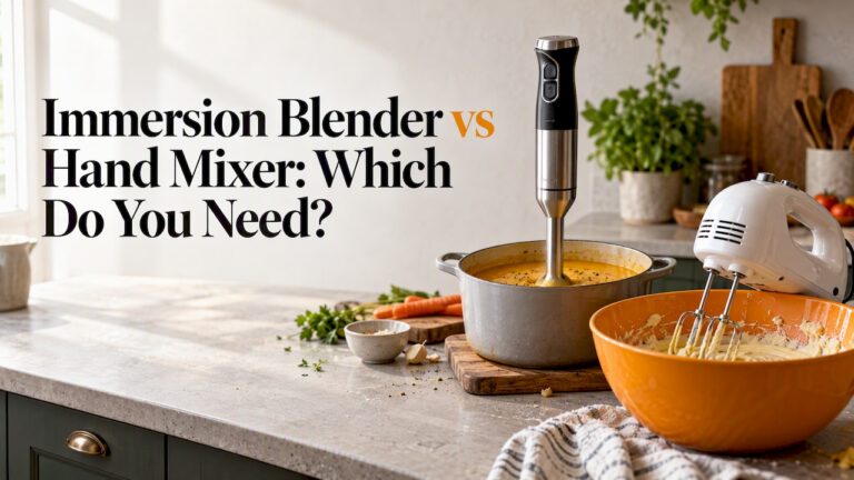 Immersion blender and hand mixer beside cooking tasks