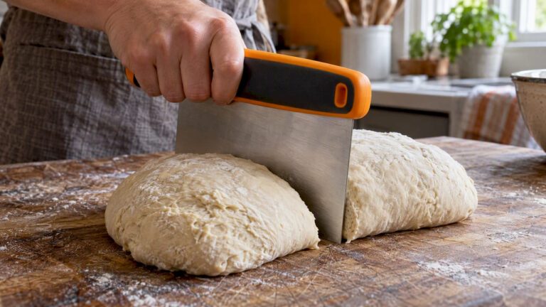 Dough knife dividing dough into portions