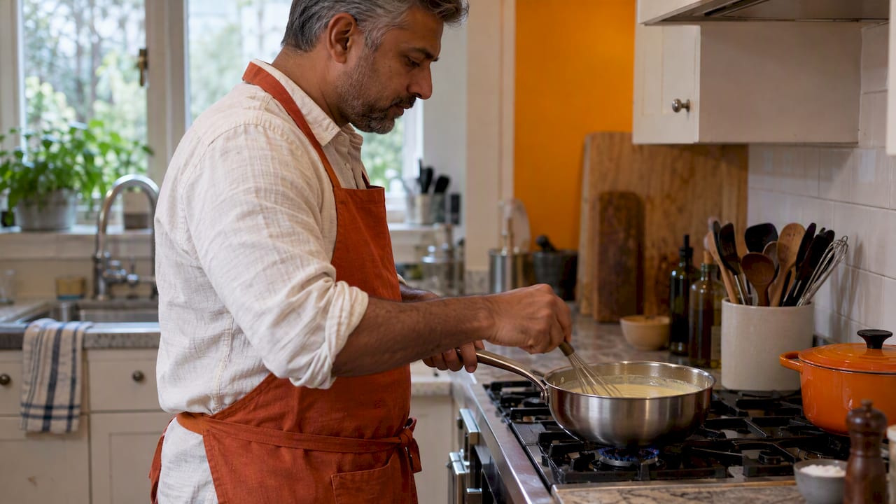 Cook whisking custard in a rounded saucier